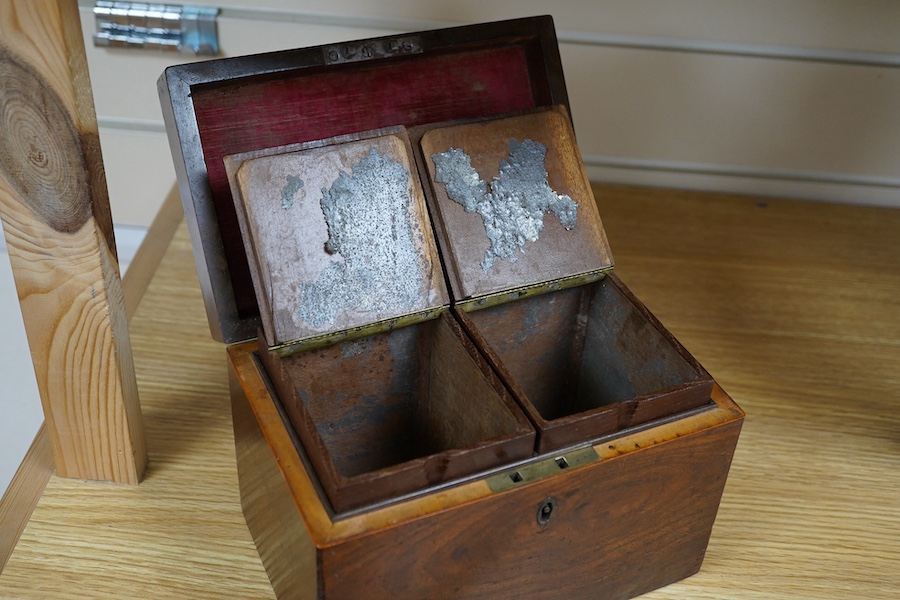 A George III tea caddy, possibly a commemorative made from the timbers of a ship, the top inset with a Tassie style white paste miniature portrait bust of a gentleman, signed ‘Wray’, after Robert Bateman Wray (II), medal